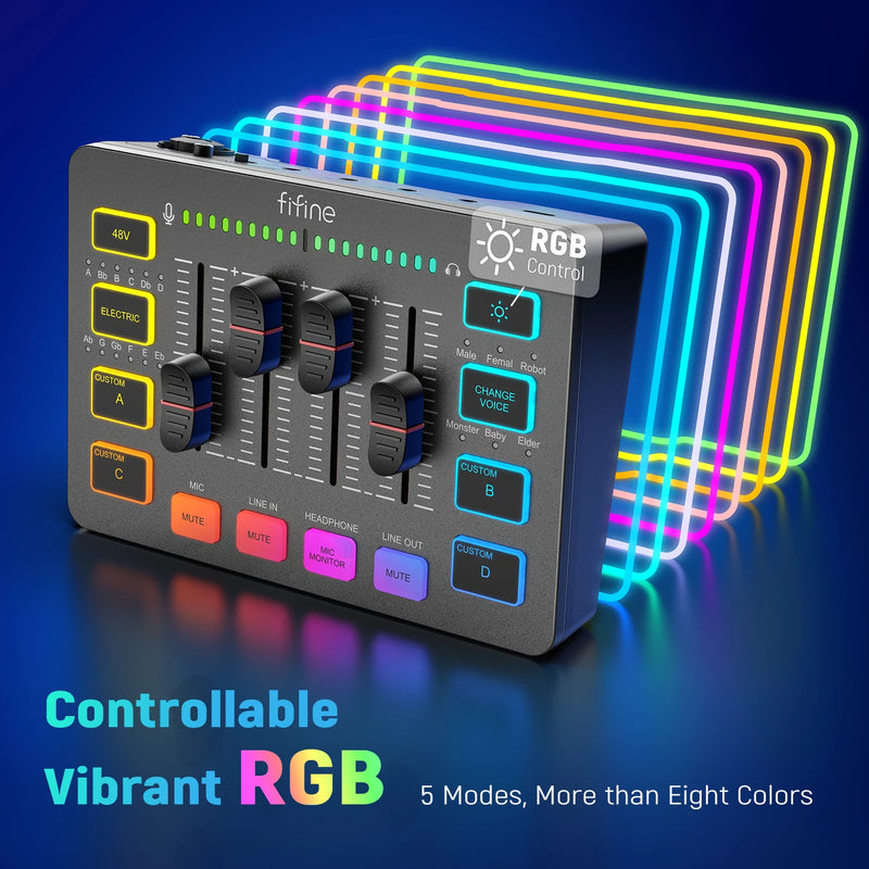 FIFINE 4-Channel RGB Gaming Audio Mixer with XLR Mic Interface"