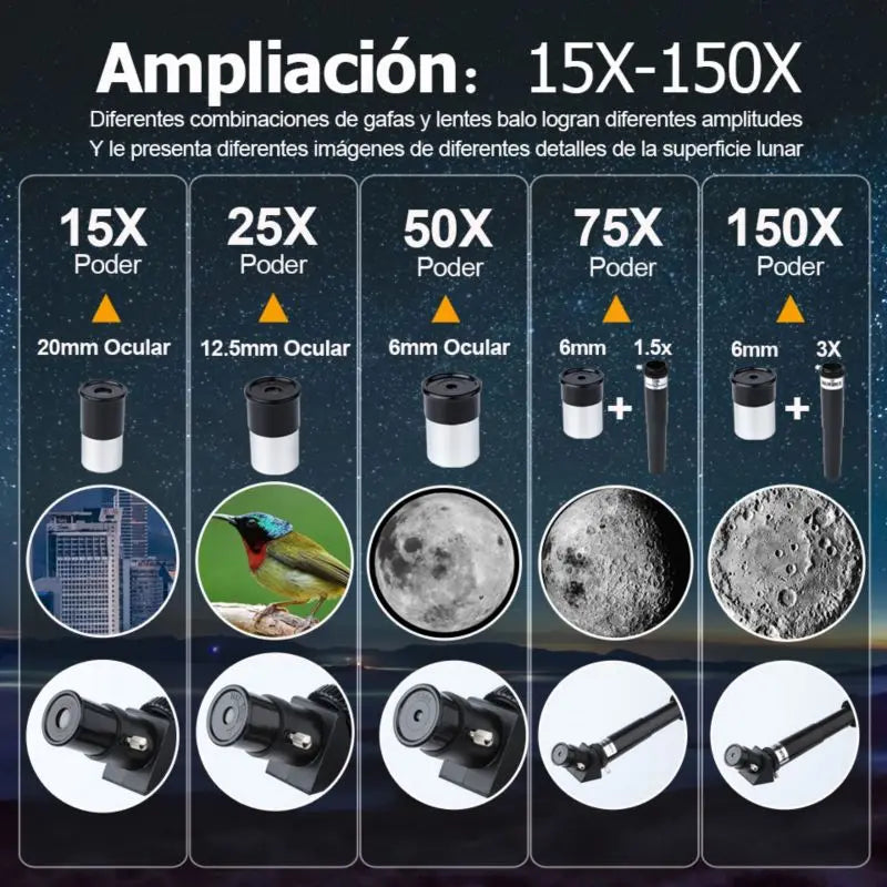 Telescopio de viaje TICALA 150X: control remoto inalámbrico