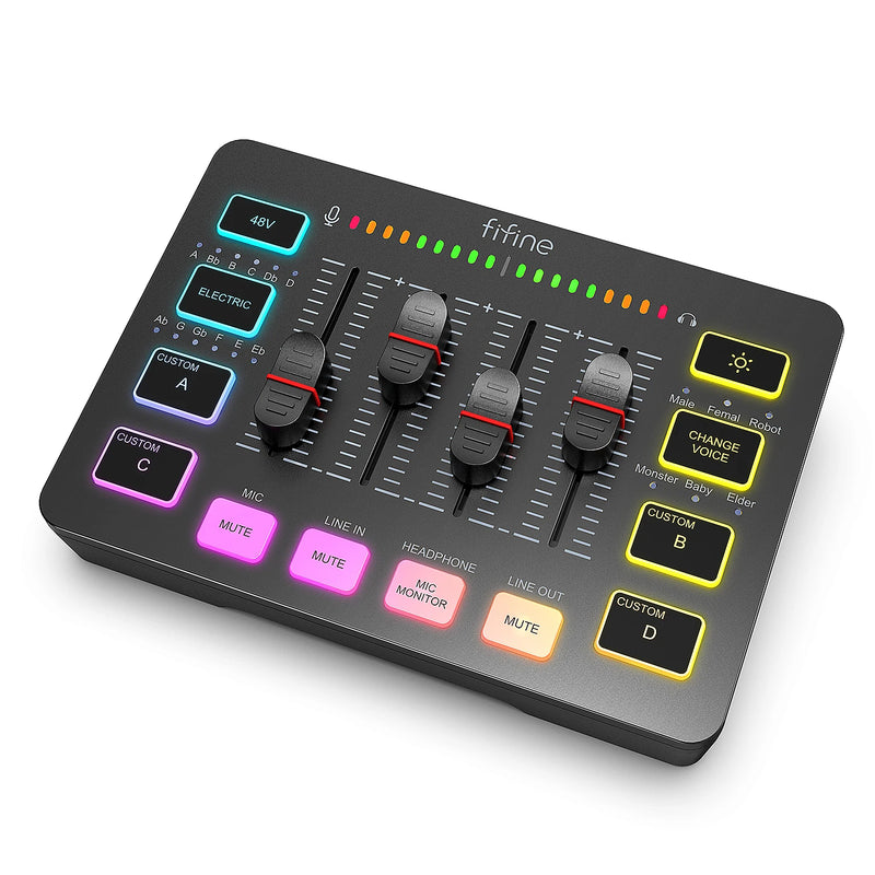 FIFINE 4-Channel RGB Gaming Audio Mixer with XLR Mic Interface"