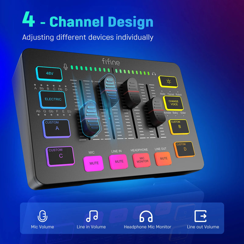 FIFINE 4-Channel RGB Gaming Audio Mixer with XLR Mic Interface"