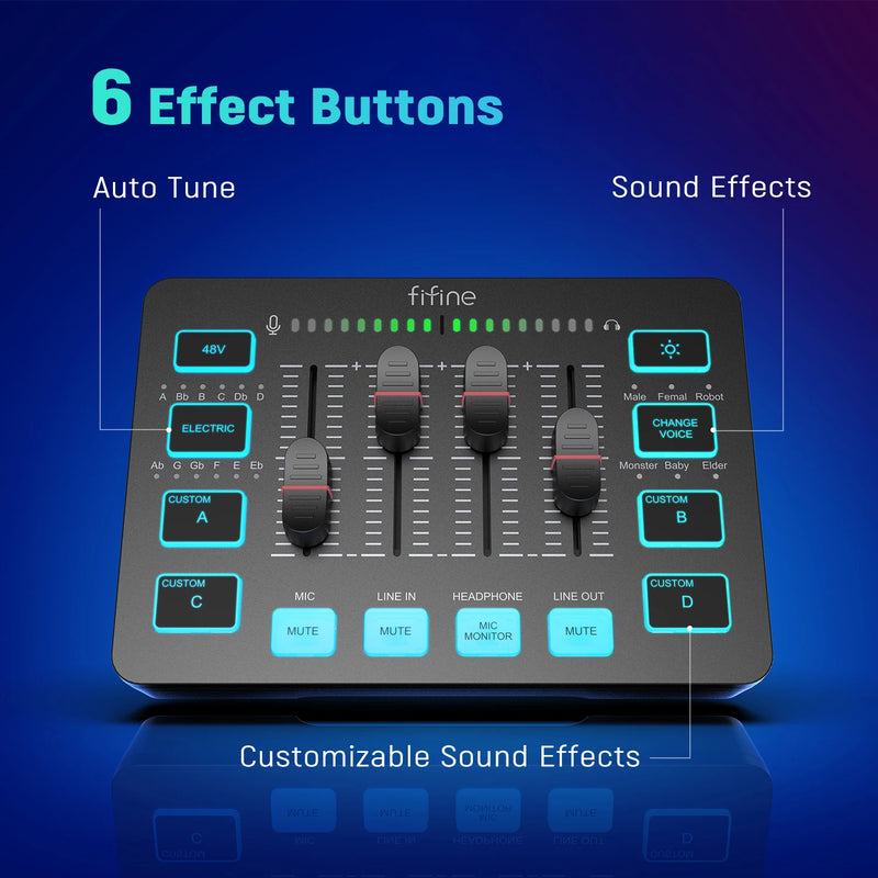 FIFINE 4-Channel RGB Gaming Audio Mixer with XLR Mic Interface"